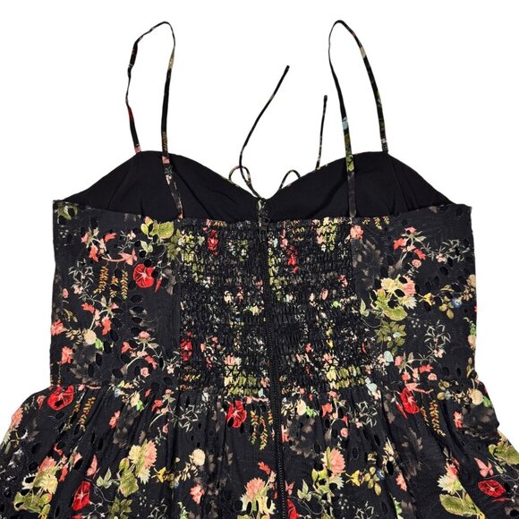 ALICE + OLIVIA Daisy Tiered Mini Dress Sz.10 Dark Floral Black Eyelet Tie-Front - Picture 15 of 16